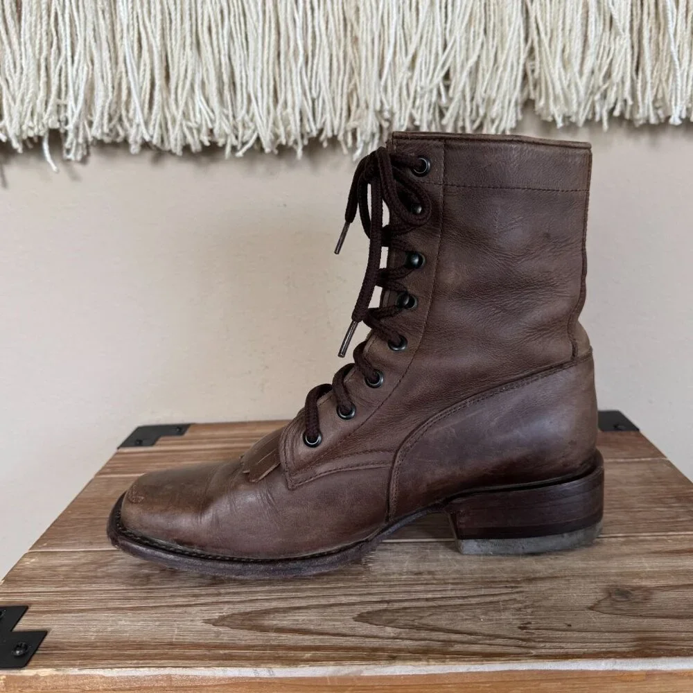 Raywelt Brown Leather Square Toe Fringe Roper Lace Up Ankle Boot Size  7.5 - Picture 9 of 17